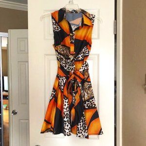 Chic Me - Orange and Black Animal Print Dress with Belt - Size Small